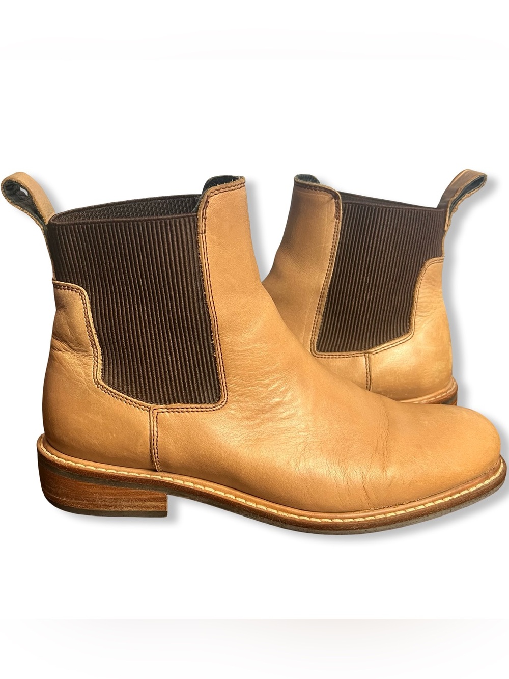 Nisolo Women's Carmen Chelsea Ankle Boots Almond Tan Leather Stacked Heel Sz. 9